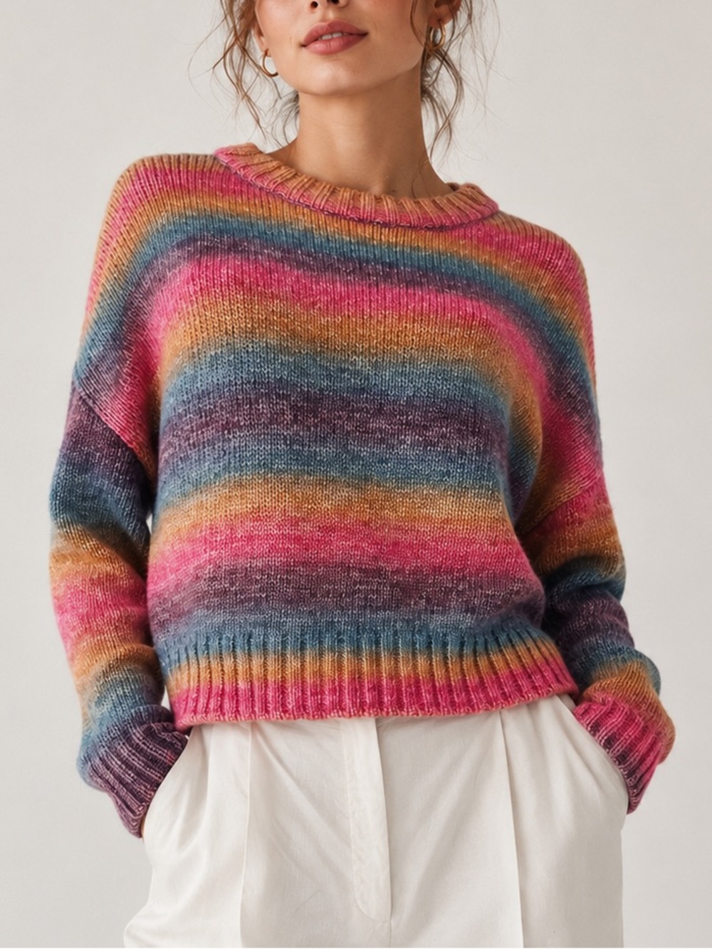 Something Navy Poppy Ombré Rainbow Pullover Crewneck Sweater, cotton blend XS